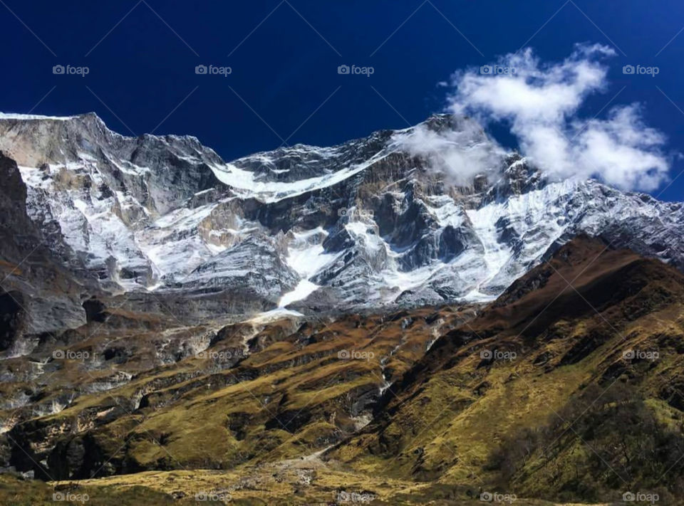 A clear view of Dhaulagiri (8,127 m) in Nepal. It is the seventh highest mountain in the world and one that very few travellers ever have the privilege of seeing up close. Taken on the Dhaulagiri Circuit trek.