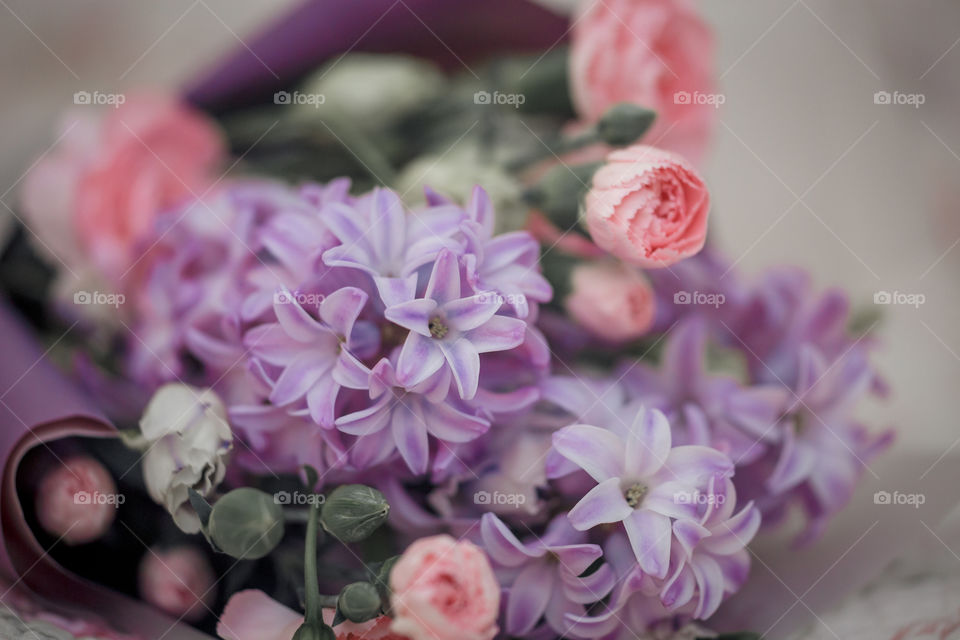 Spring bouquet in pink and purple colors 