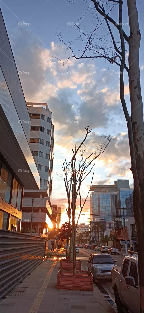 Streets, cars and buildings in the city at sunset
