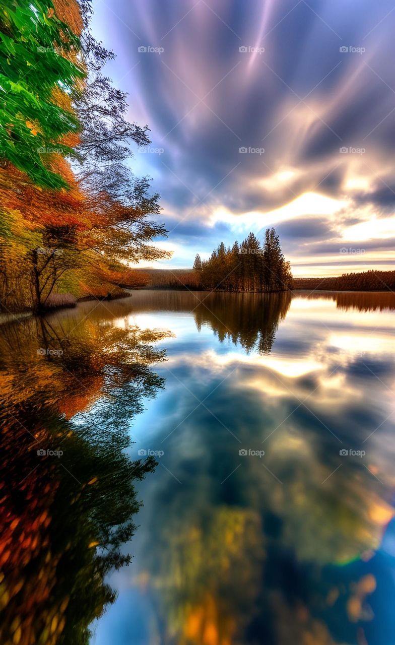 Trees and clouds in autumn reflecting on the water