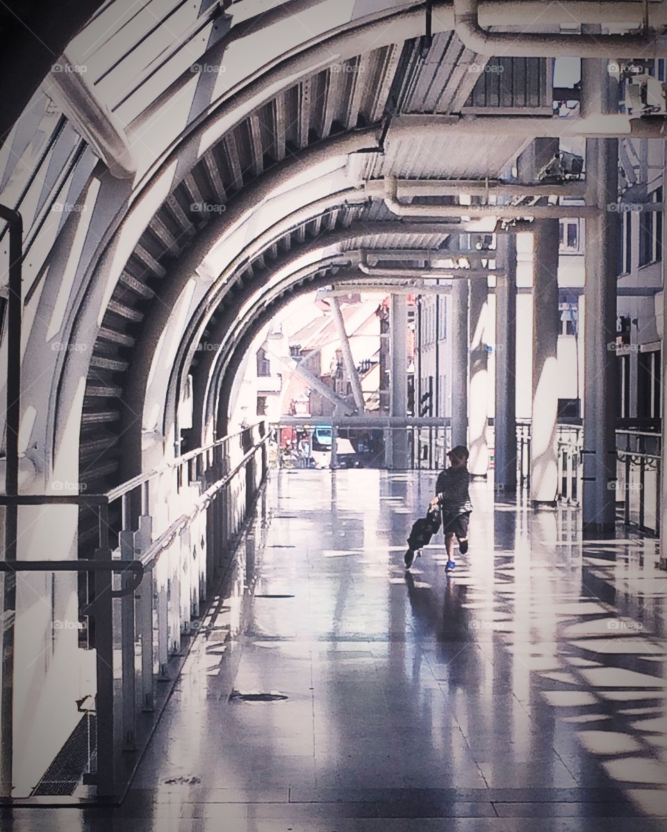 Boy in a big building. Ferry terminal in helsingborg