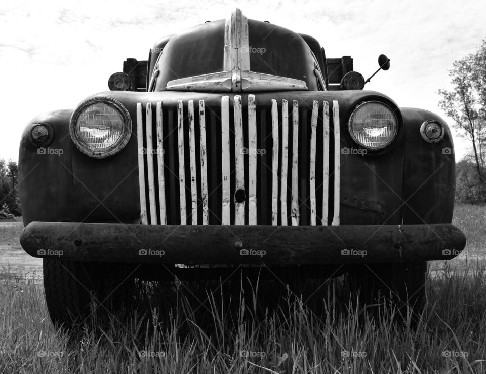 Antique work truck in black and white
