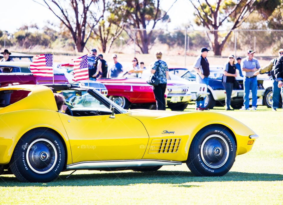 Yellow stingray classic car at Australian car show 