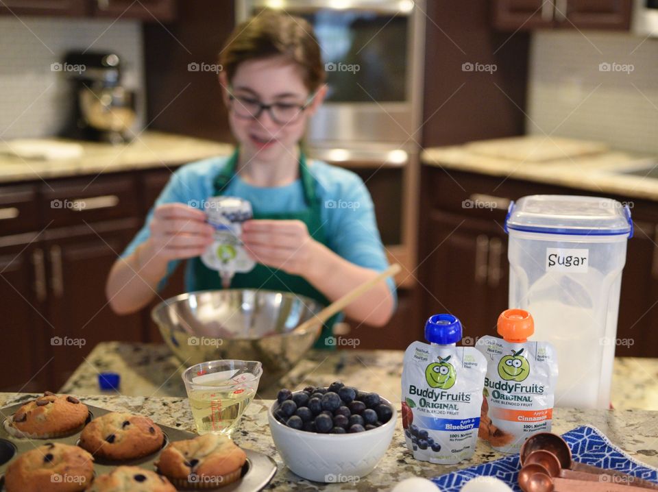Baking Muffins with the secret ingredient of Buddy Fruits in the batter