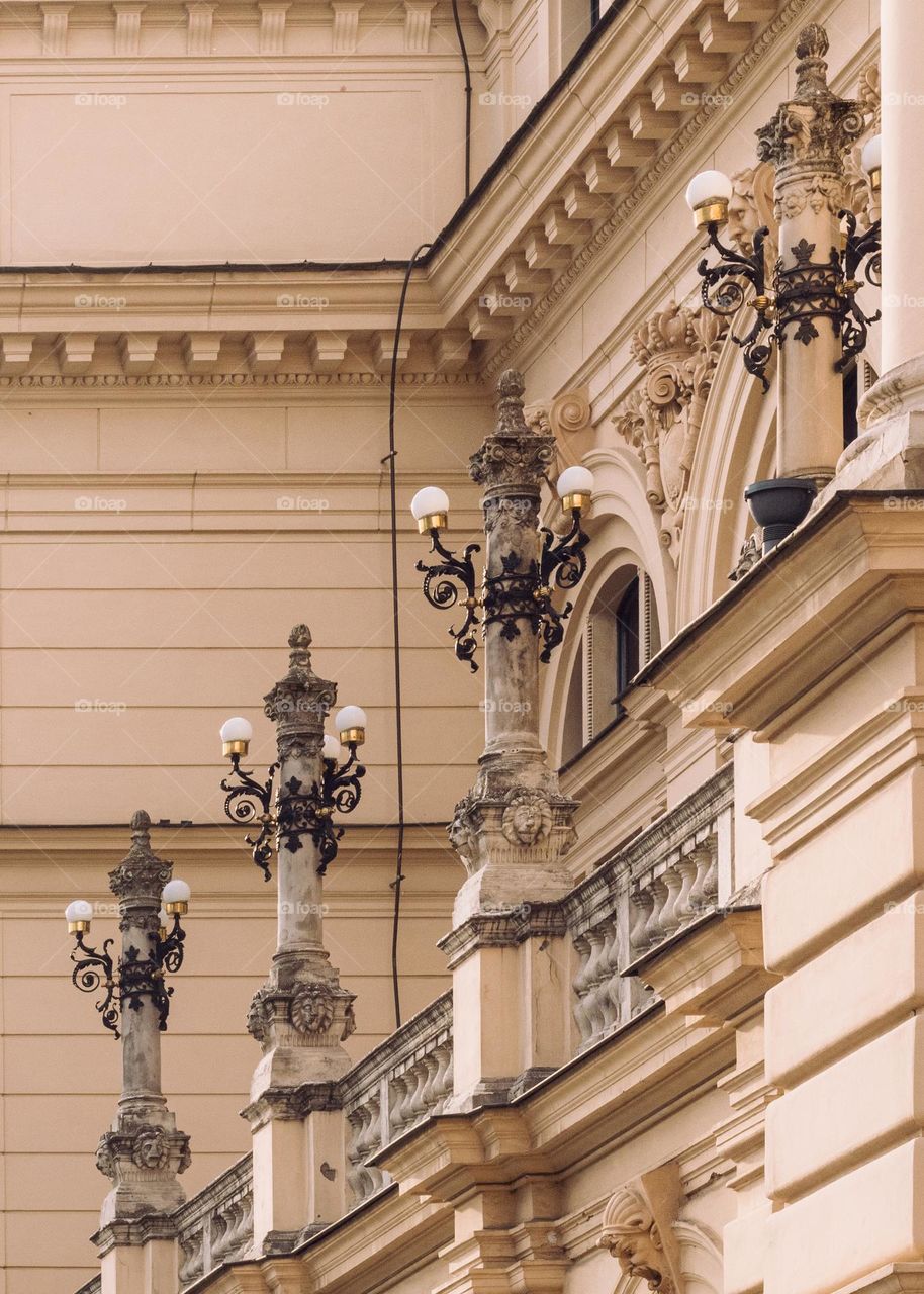 beautifully decorated terraces and facades of the Słowacki Theater in Krakow