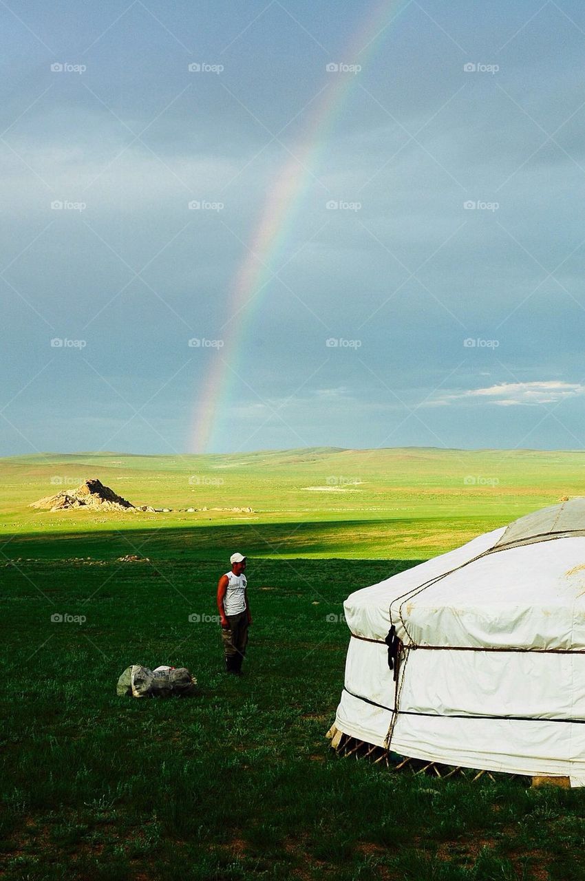 landscape sky rainbow man by anetteaventyr