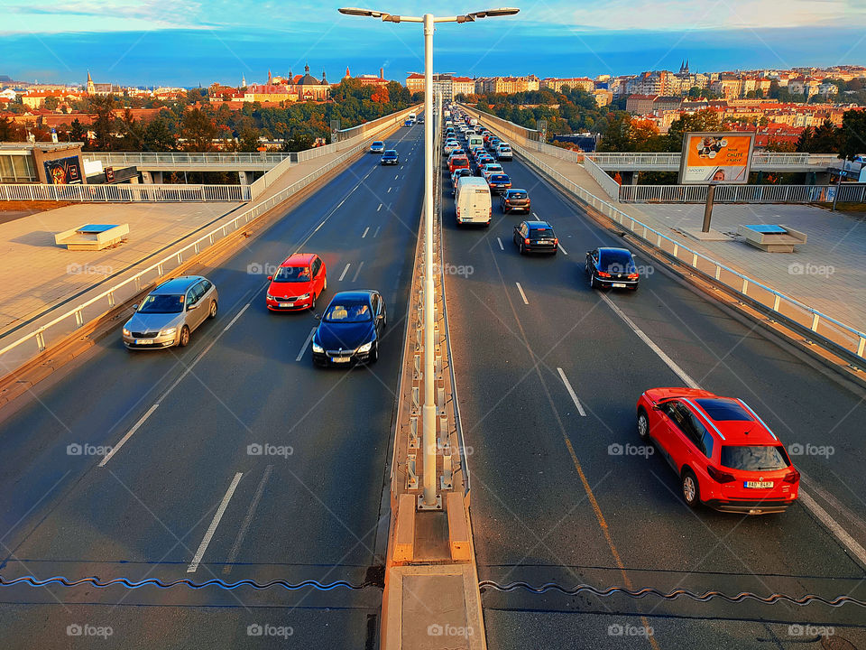 Driving on Nusle bridge in Prague.