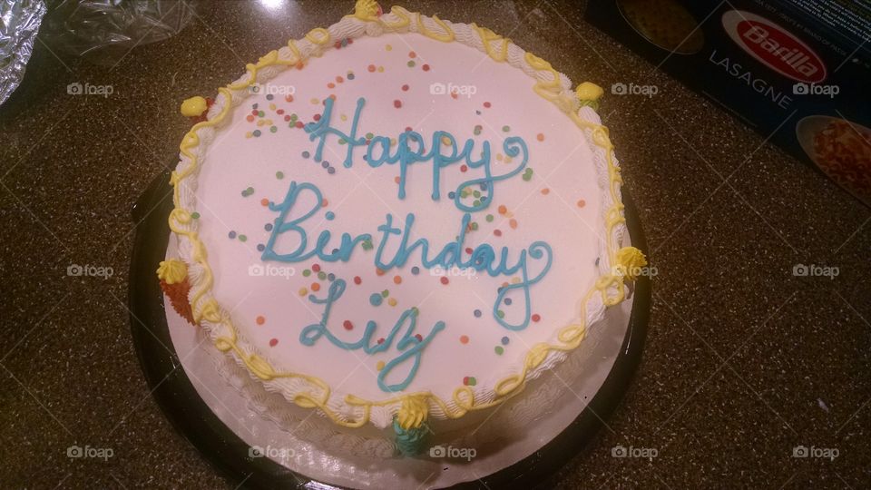 ice cream cake for birthday, Liz is recipient