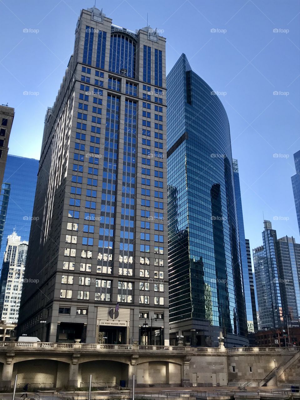 Cluster of skyscrapers along the picturesque Chicago riverfront in Chicago, Illinois