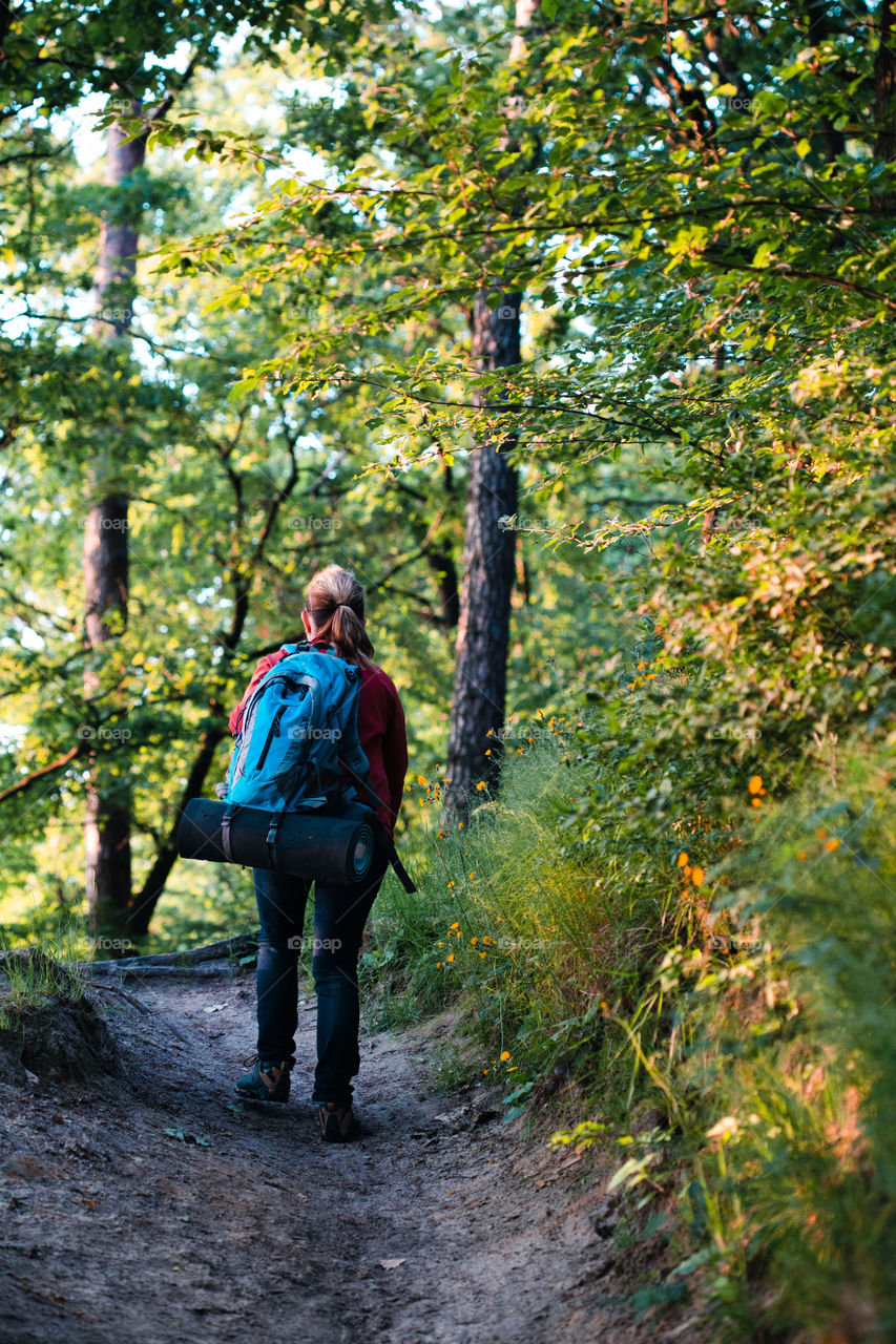 Young woman hiker with backpack walking along the path through the forest during summer vacation trip