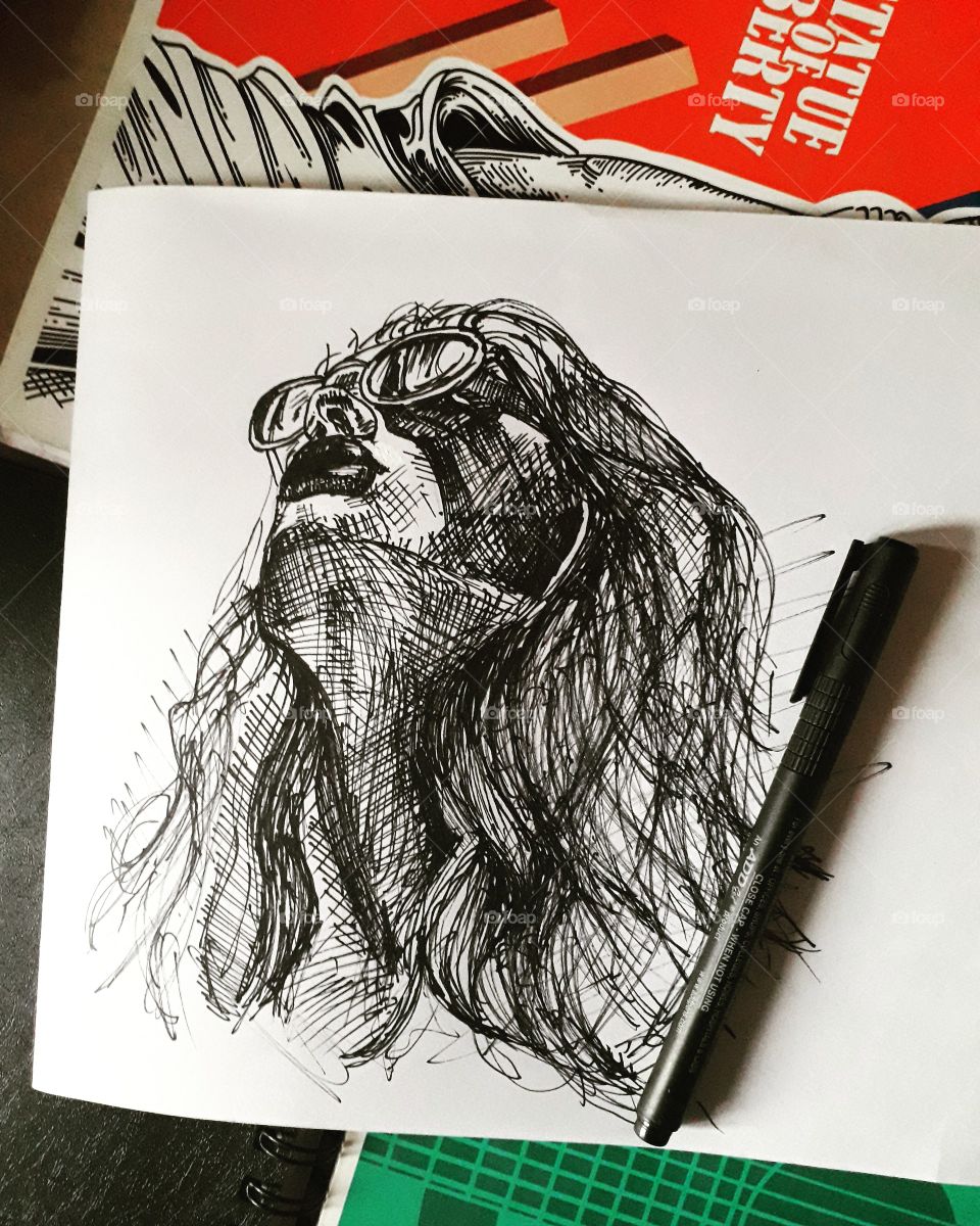 handmade pen sketch of a girl looking up