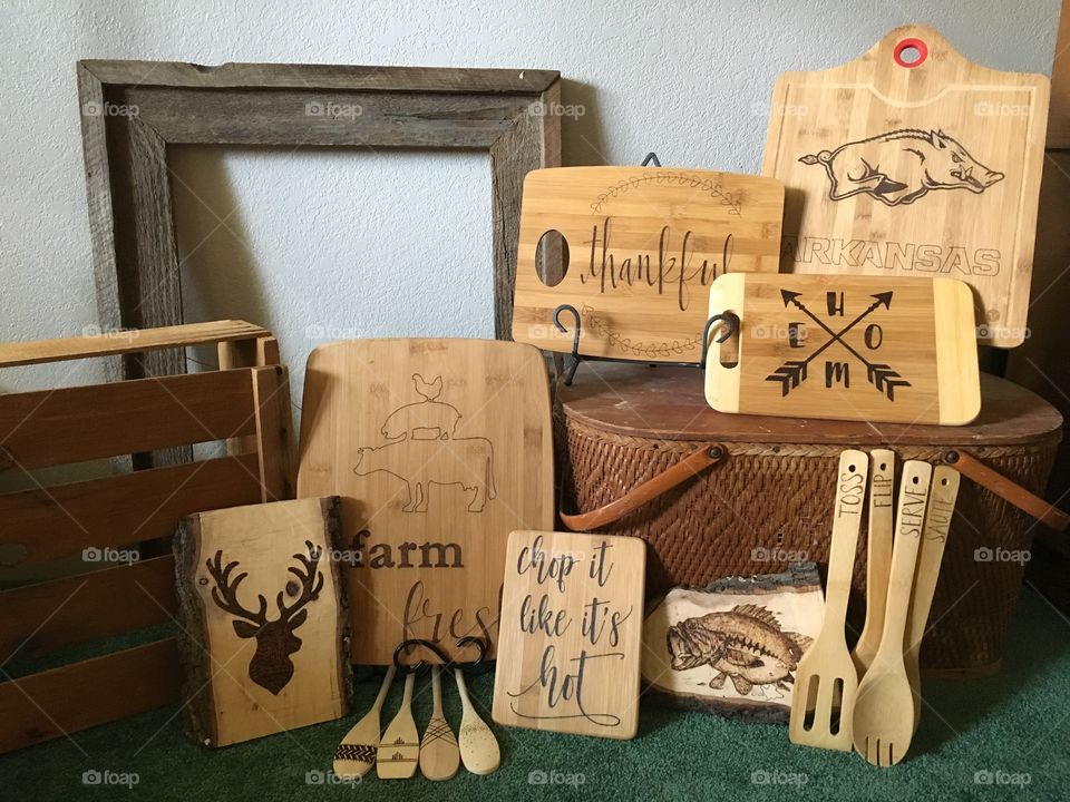 Wood burned cutting boards and spoons