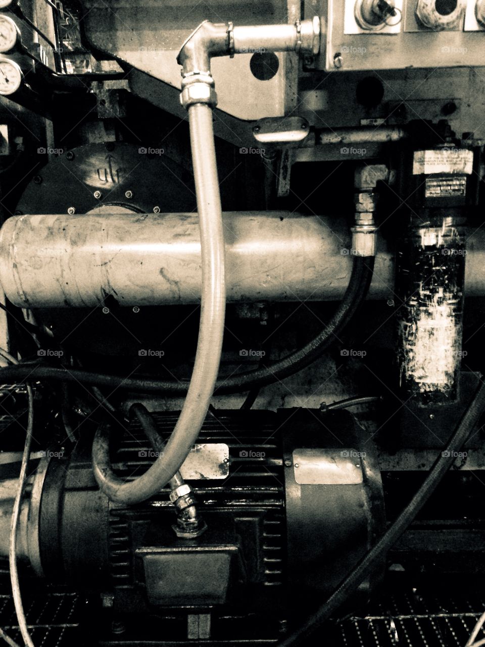 Industrial, machine, black and white, oil, grease, hoses