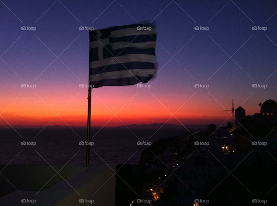 Greece - Santorini - Sunset. Greek Flag - Santorini - Sunset