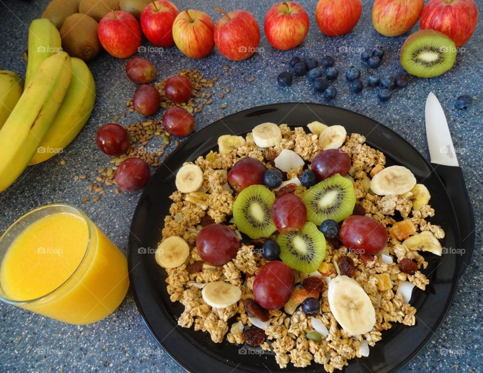 Fruits and juice at breakfast