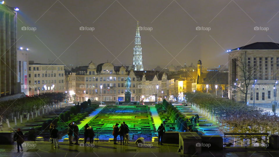 Brussels, Belgium Mont Des Arts (The Kunstberg) at night. Brussels city hall spire view.