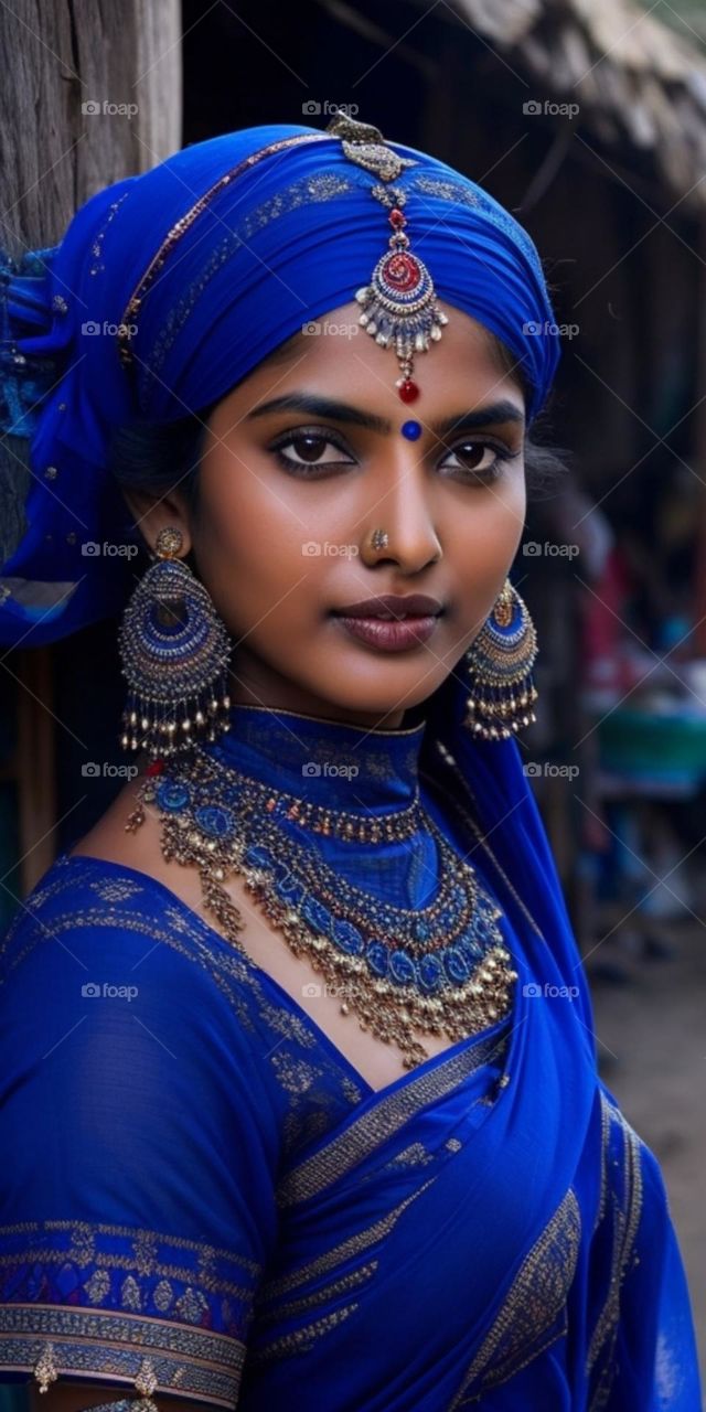 young and beautiful Indian Village model in blue saree
