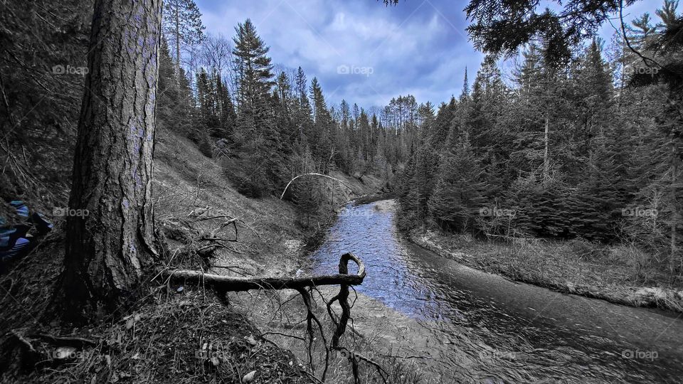 blue sky on river b&w