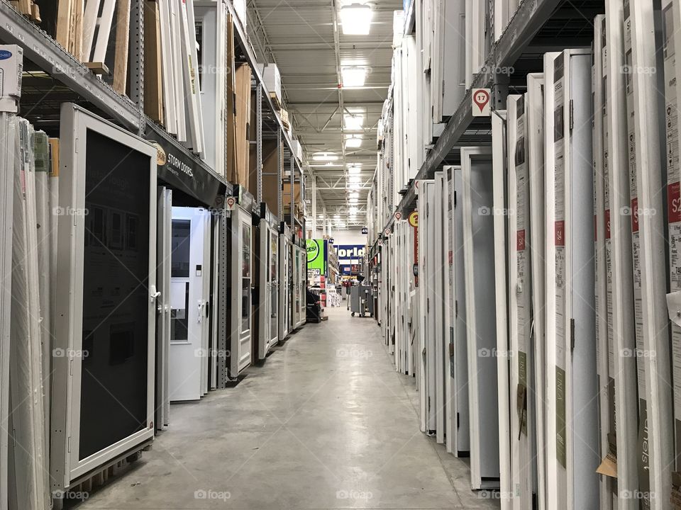 The door and window shopping aisle at Lowe’s home improvement store 