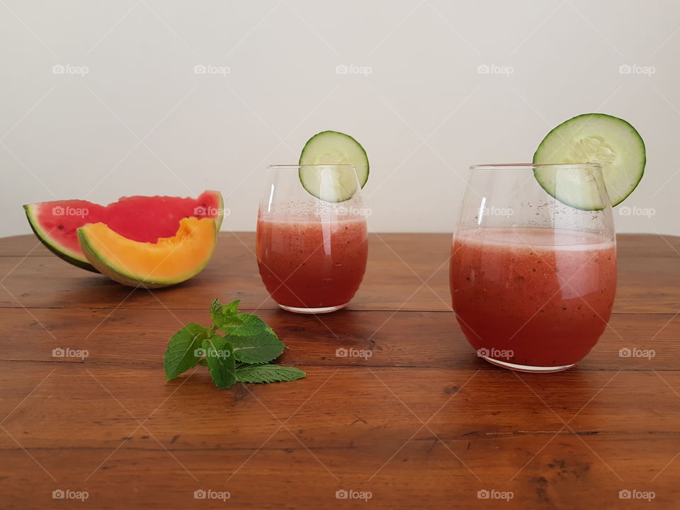 homemade smoothie/juice. The main ingredients are watermelon, melon, cucumber and mint.