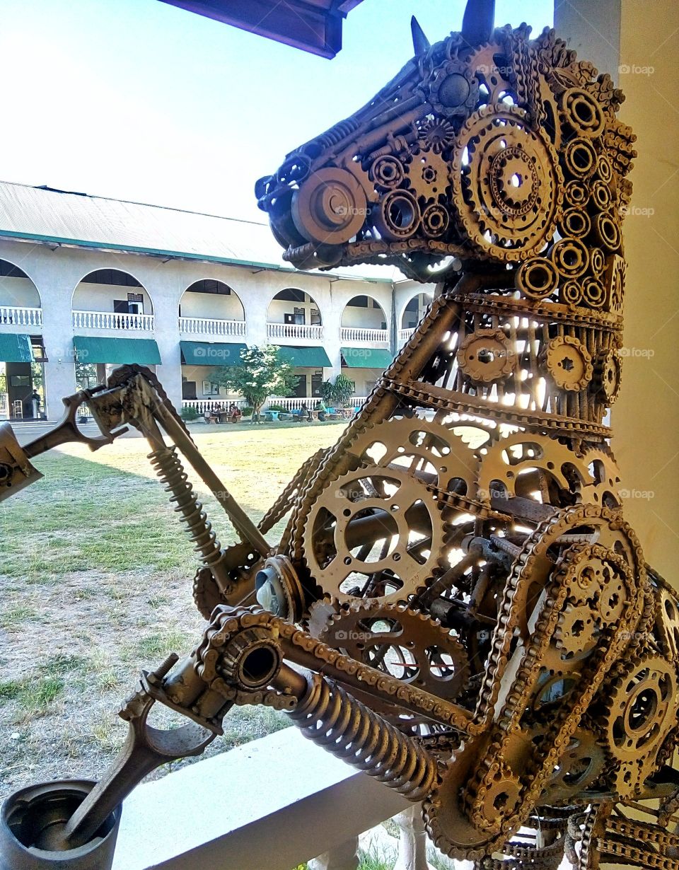 Mechanical horse made by students from scraos gears, pistons, shocks, screws, every mechanical parts you name it!