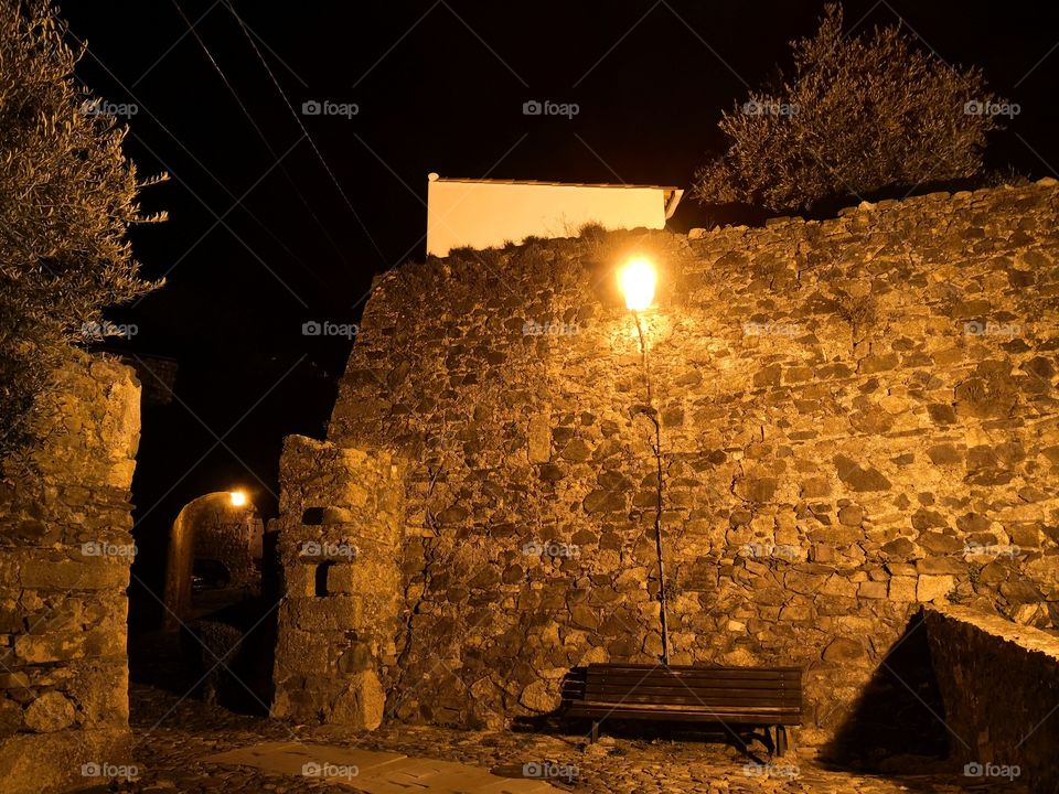 Castle Walls & Bench, Night, Castelo de Vide, Portugal