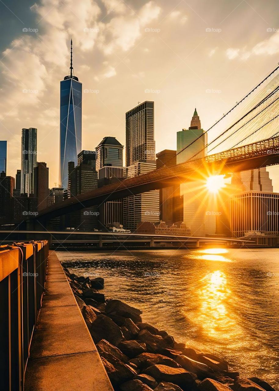 Portrait of city buildings with beautiful sunset