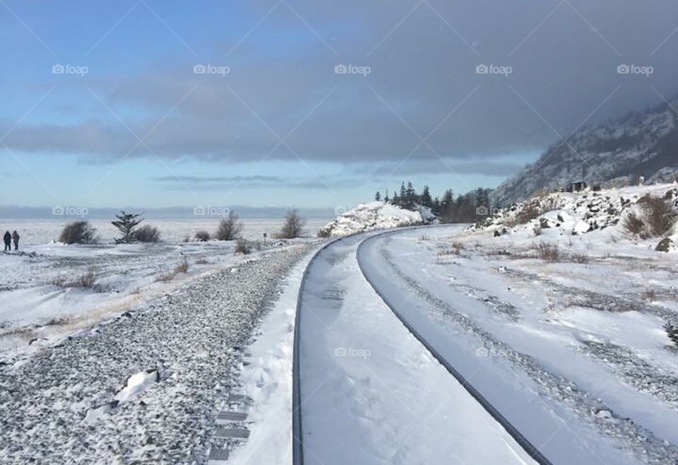 Snowy railroad tracks in Washington