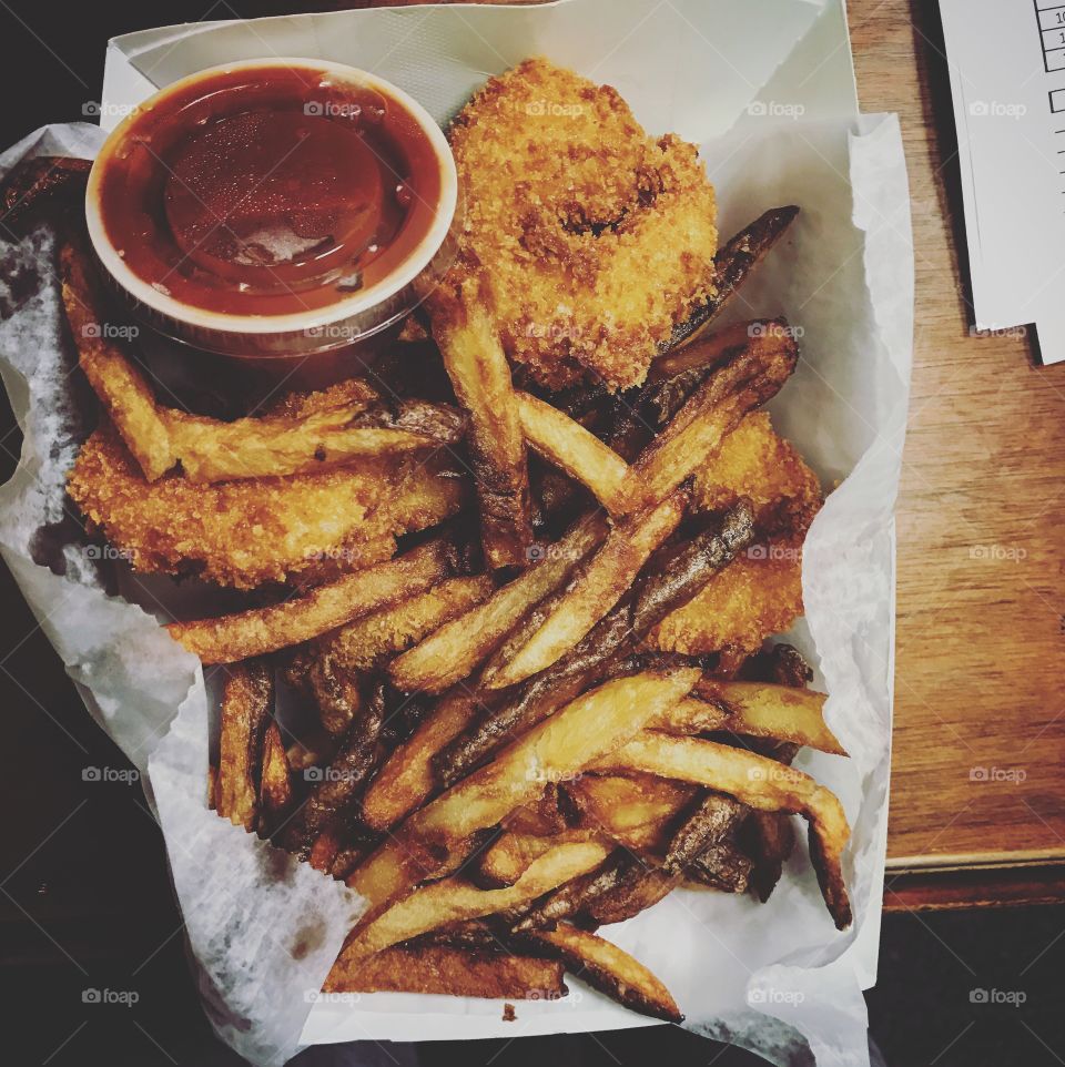 Fried shrimp + fries from a great local spot. 