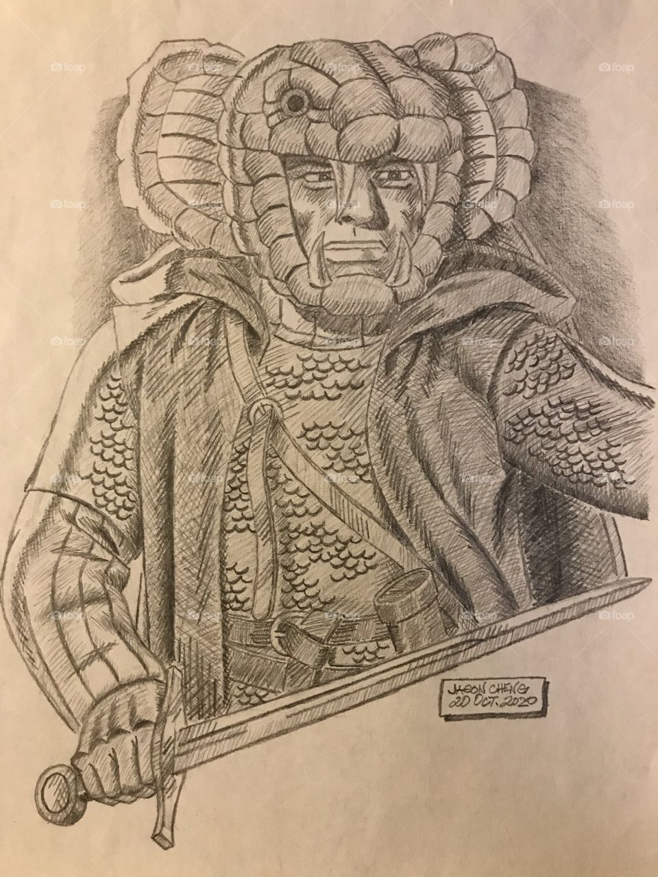 A pencil rendering of Cobra emperor Serpentor from GI JOE: A REAL AMERICAN HERO.