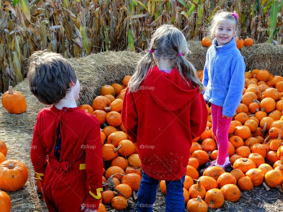 Young Children At The Pumpkin Patch
