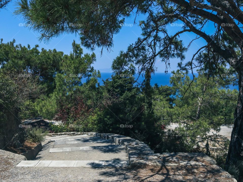 Beautiful paved stairway leading down to the sea Among the cypress trees in the ancient city of Kamiros on the island of Rhodes in Greece, close-up side view.