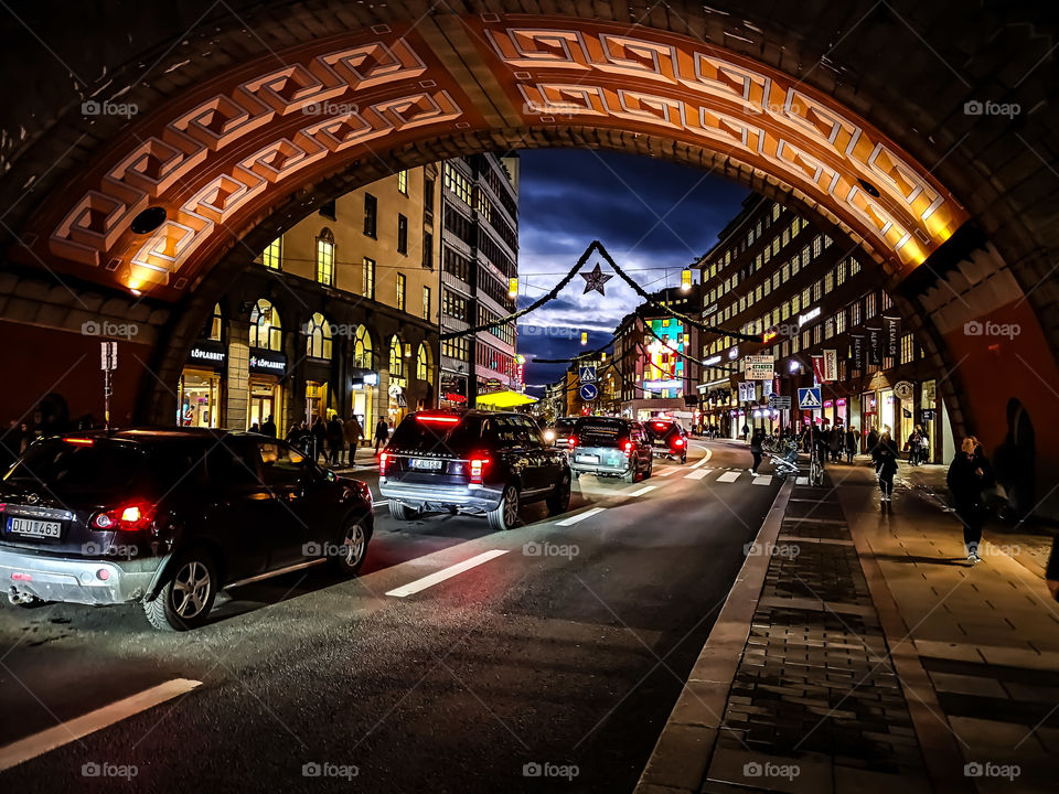 Under the bridge at night.