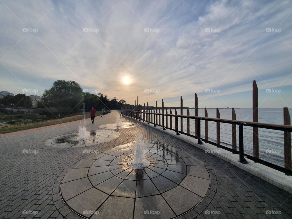 Beautiful fountains near the sea. Calming view.