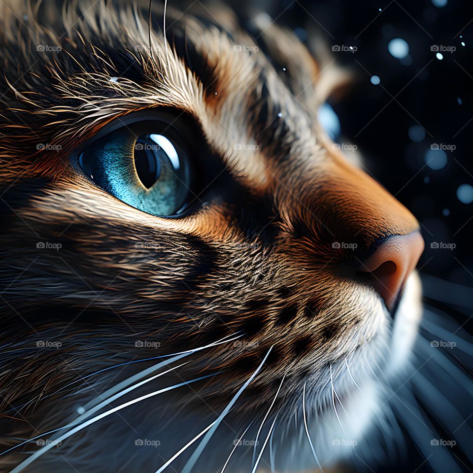 close up of a cat face with round eyes, in the style of vray tracing, photo-realistic techniques