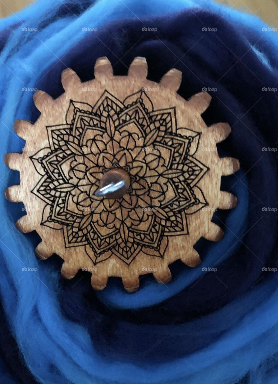 Drop spindle and fiber-Mandala and Meditative Deep Blue