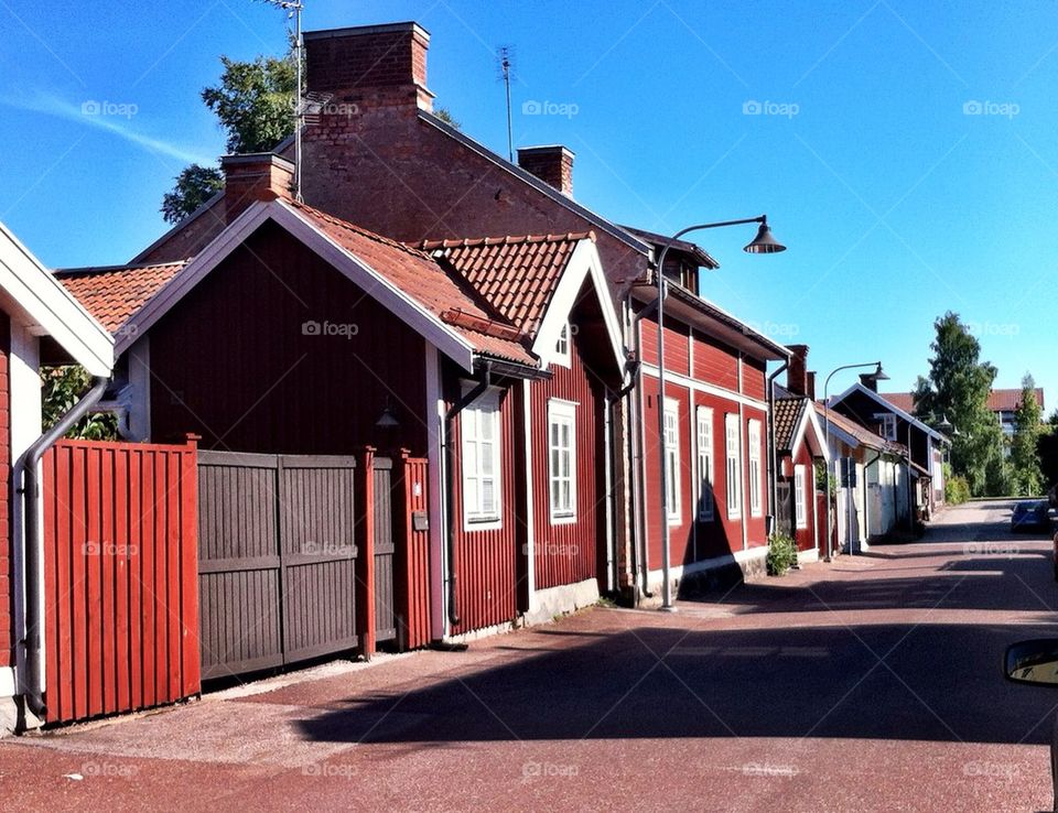 Street with old houses in Falun in Sweden.