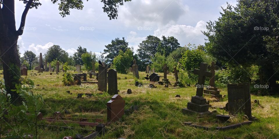 old graveyard with leaning gravestones in summer