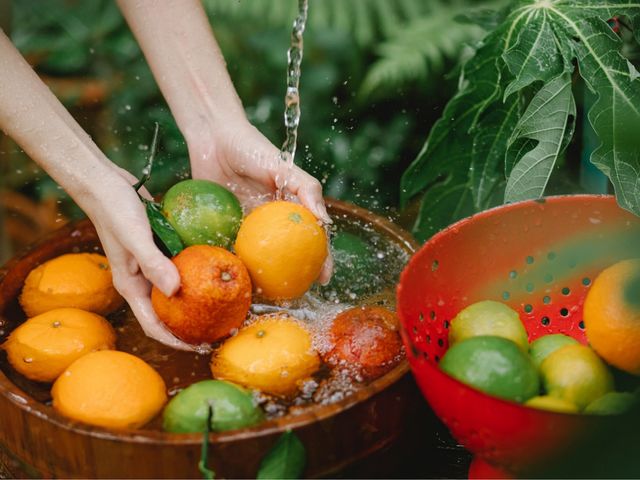 Washing citrus fruits, beautiful fruits