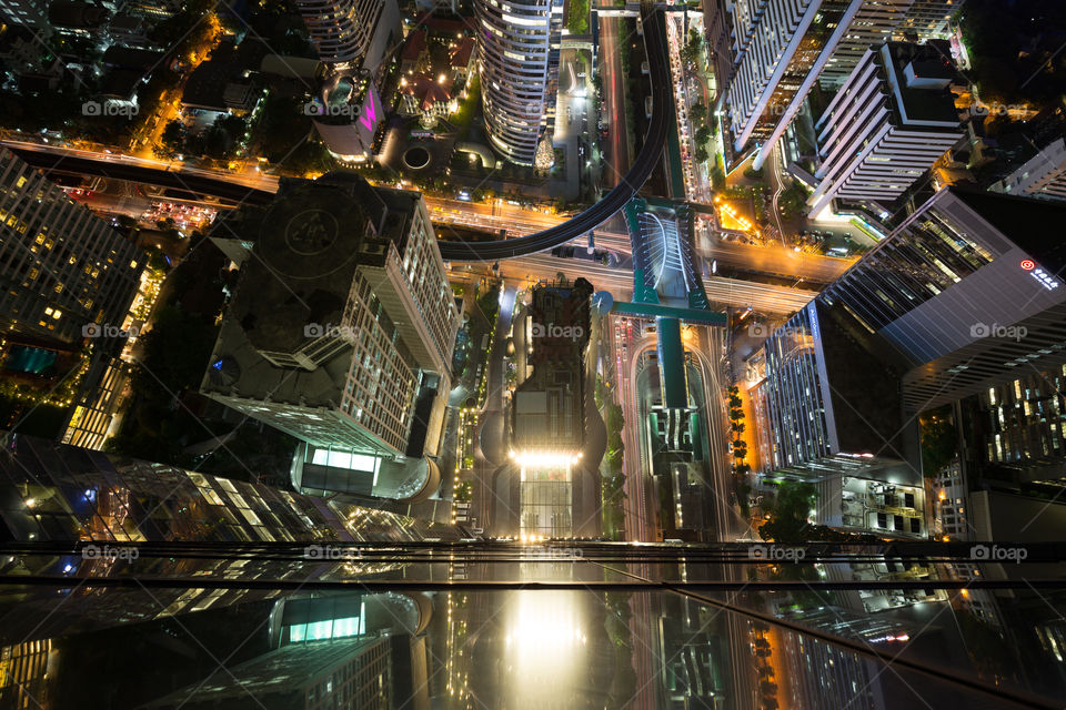 Top view looking down to the street of Bangkok city at night