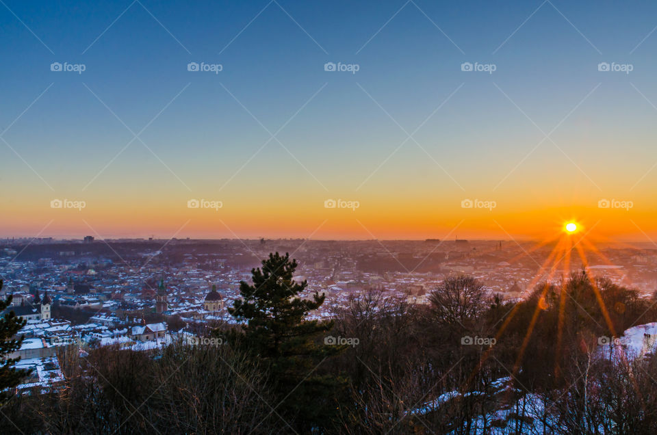 Lviv cityscape during the sunset