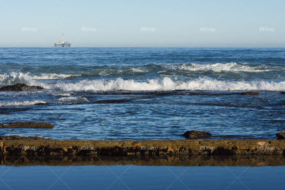Seashore Tidal Pool And Rocks With Offshore Platform, Mossel Bay, South Africa