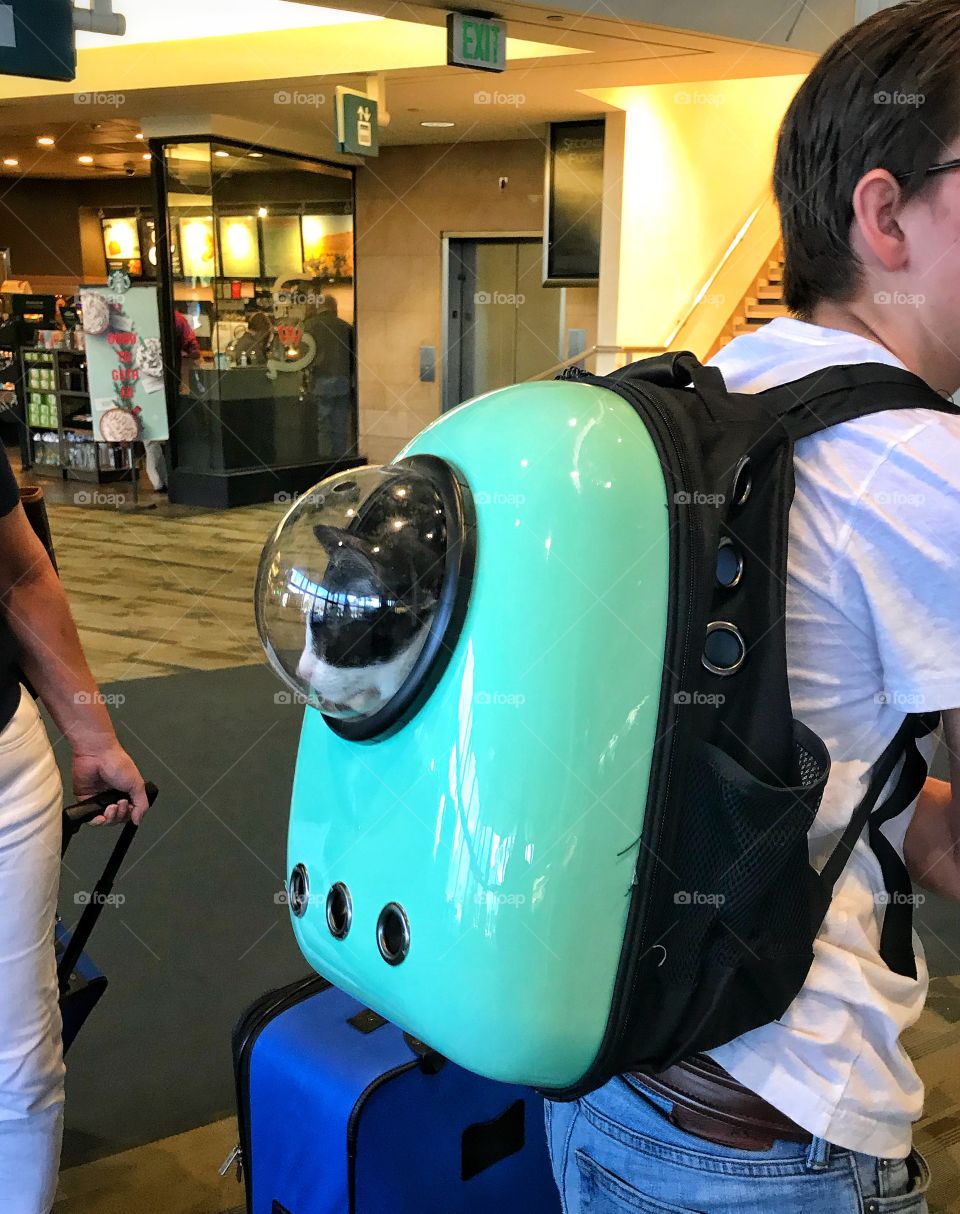 Airport traveler carries his cat in a unique “cat capsule” backpack.