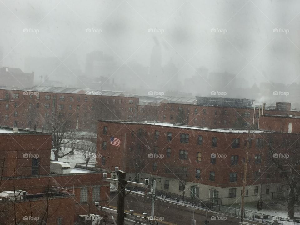 On a snowy day looking into Cincinnati city.