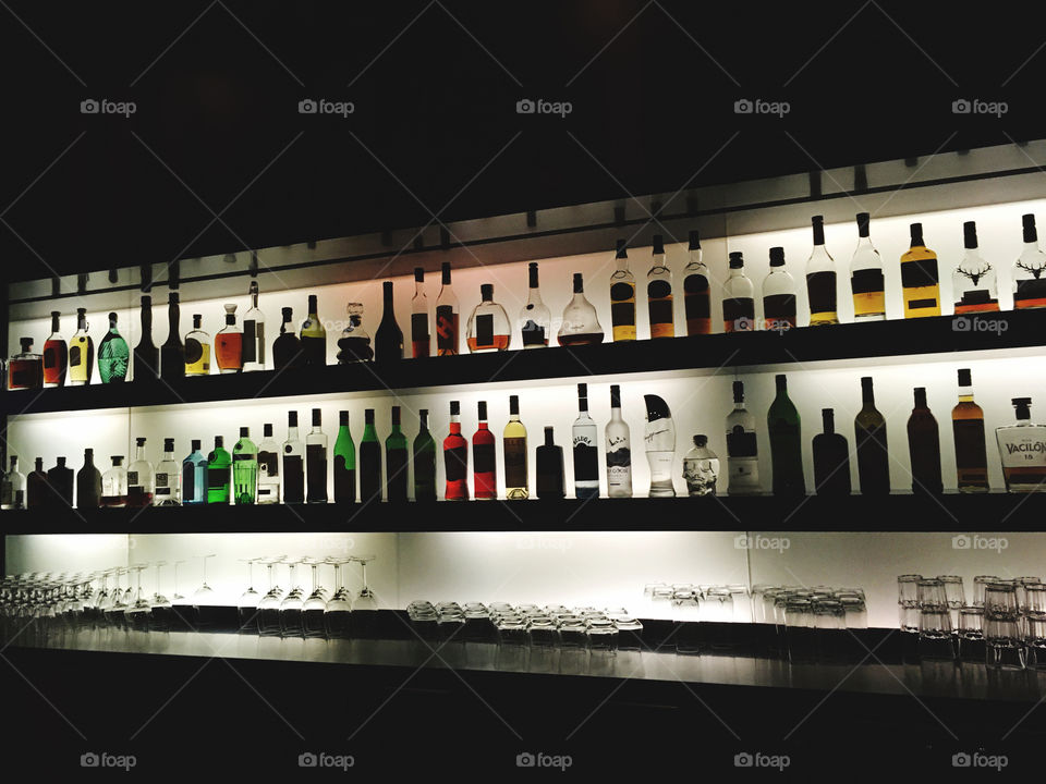 Lit shelves with Bottles