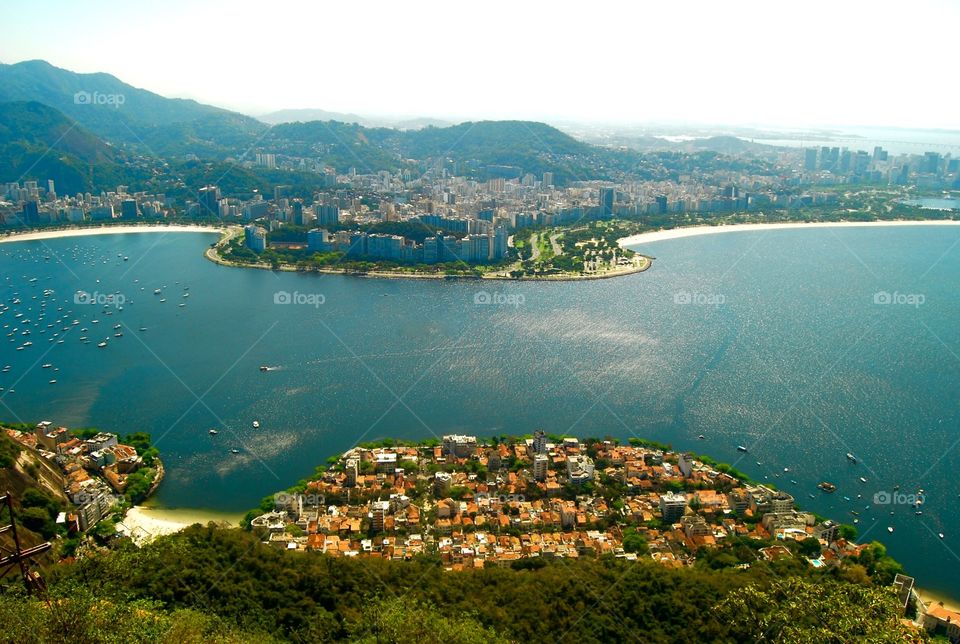 rio's original city beaches. from the sugarloaf mountain the twin beaches of botafogo and flamengo are so visible