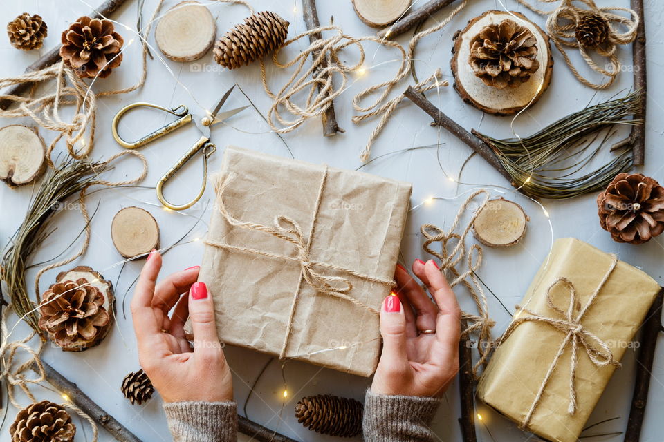 Packing Christmas gift. Flatlay items. Top view 