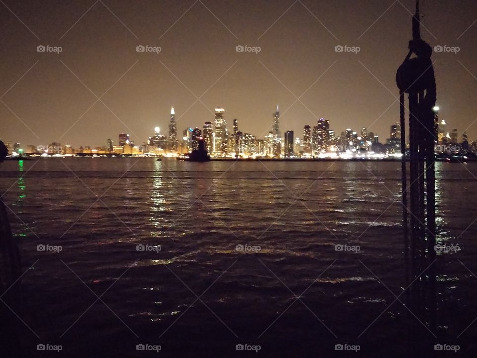 Chicago City Skyline view at night from the Great Lake