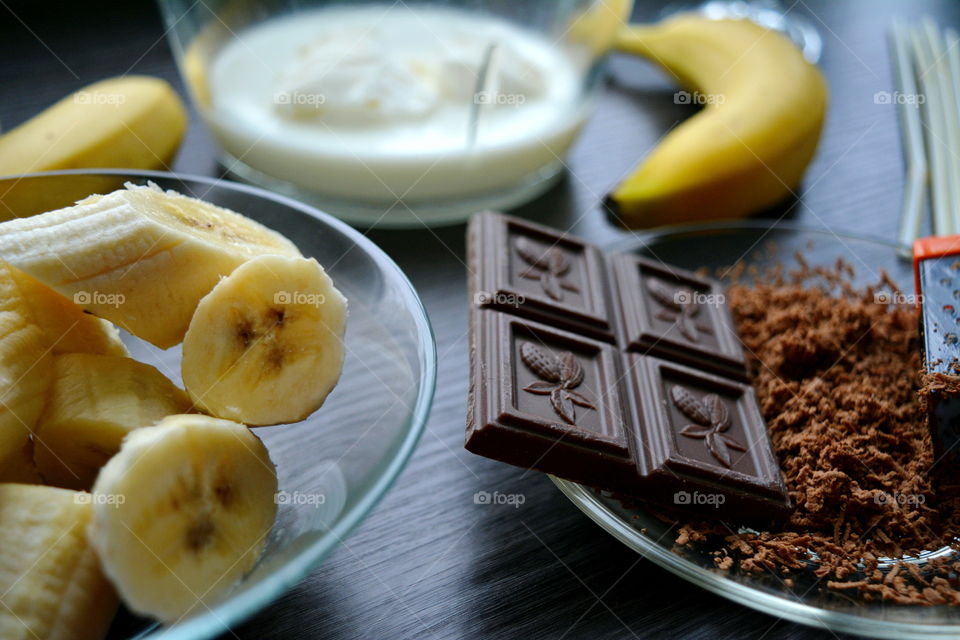 ingredients preparing milk cocktail with banana and chocolate tasty food handmade