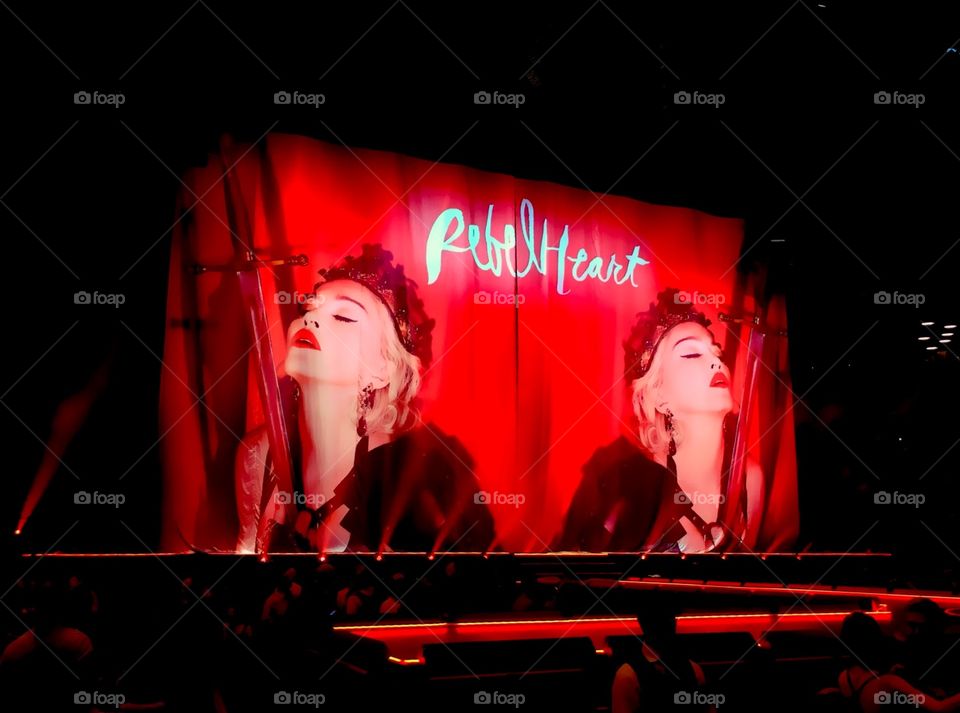 Madonna Rebel Heart Tour. Curtain with Madonna's images before the concert 
